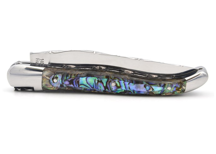 Laguiole with GI label, 12 cm abalone, chiseled double plates & blade