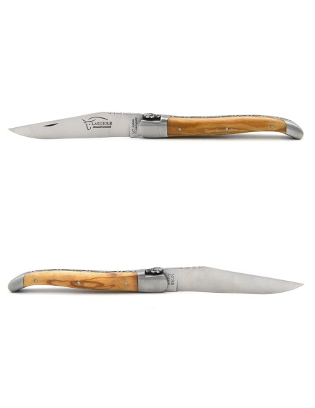 Laguiole knife with GI, 12 cm olive wood, forged bee motif skull N°2