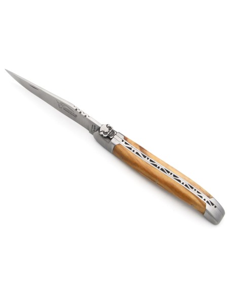 Laguiole knife with GI, 12 cm olive wood, forged bee motif skull N°2