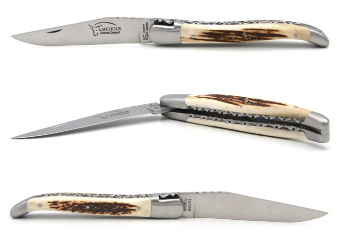 Couteau labellisé IG en bois de cerf, 12 cm, doubles platines ciselées
