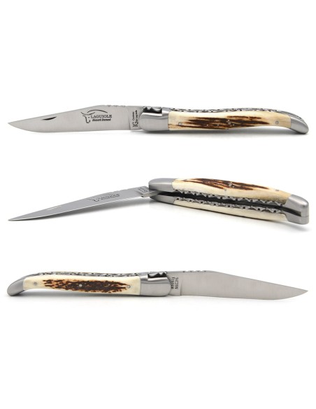 Couteau labellisé IG en bois de cerf, 12 cm, doubles platines ciselées
