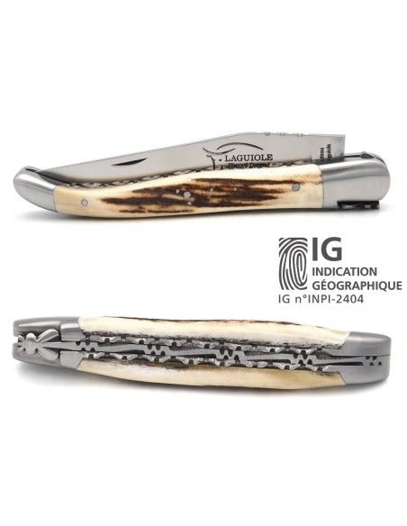 Laguiole with GI label, 12 cm deer antler handle, double plates