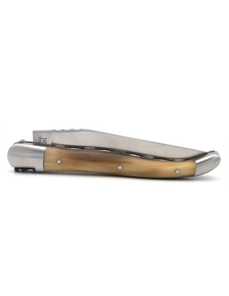 Laguiole with GI label, pale horntip handle, chiseled double plates