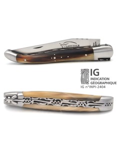 Couteau de Laguiole IG en pointe de corne claire, doubles platines