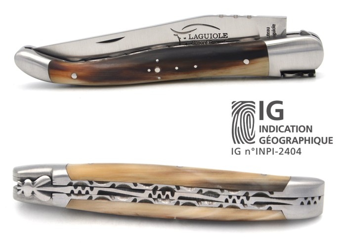 Laguiole with GI label, pale horntip handle, chiseled double plates