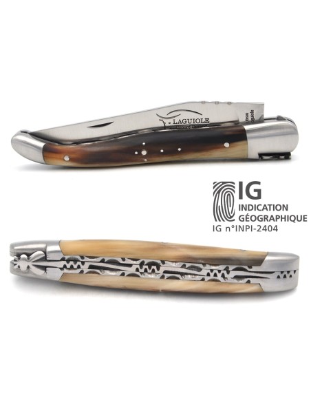 Laguiole mit Label GA, 12 cm Griff aus Hornspitze (hell), Doppelplatinen