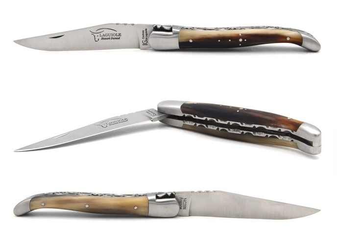 Couteau de Laguiole IG en pointe de corne claire, doubles platines