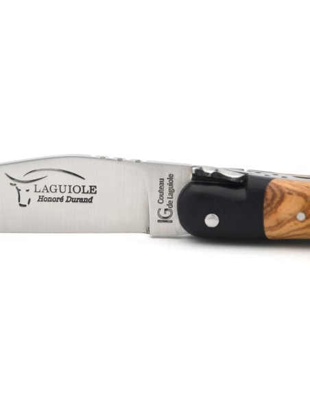 Laguiole knife with GI label, olive wood handle with paperstone bolsters