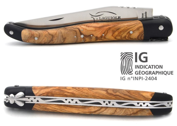 Laguiole-Messer mit Label GA, Olivenholz mit Heftbacken aus Paperstone