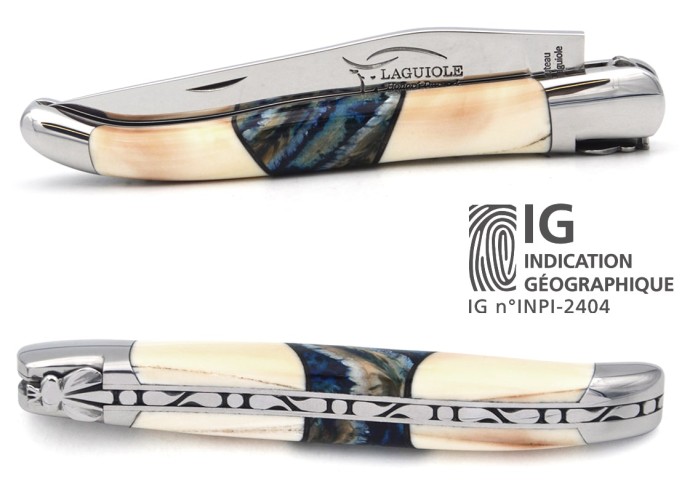 Laguiole knife with GI, 12 cm warthog tooth with blue mammoth molar