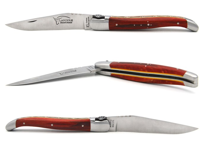 Couteau IG en hêtre teinté rouge & intercalaire jaune, croix occitane