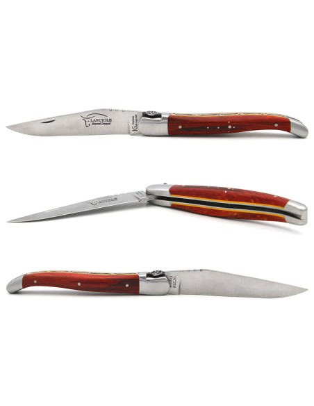 Couteau IG en hêtre teinté rouge & intercalaire jaune, croix occitane