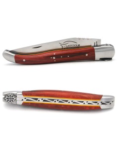Couteau IG en hêtre teinté rouge & intercalaire jaune, croix occitane 2