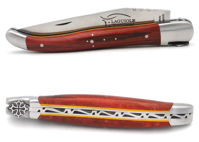 Couteau IG en hêtre teinté rouge & intercalaire jaune, croix occitane