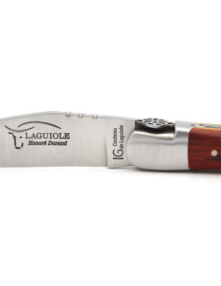Laguiole GI label, 12 cm red beech wood & yellow spacer, Occitan cross
