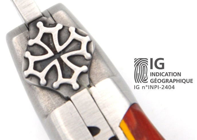 Laguiole GA, 12 cm aus rotem Buche & Gelb Einlage, Okzitanische Kreuz