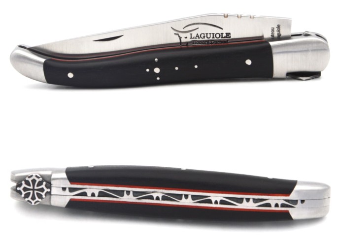 Laguiole GI, 12 cm ebony wood & red spacer handle, Occitan cross
