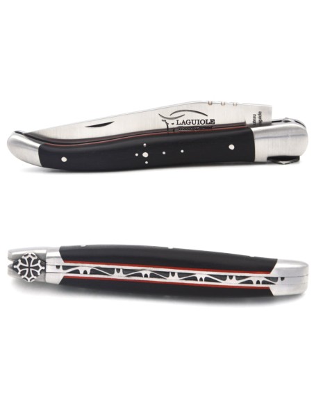 Laguiole GI, 12 cm ebony wood & red spacer handle, Occitan cross