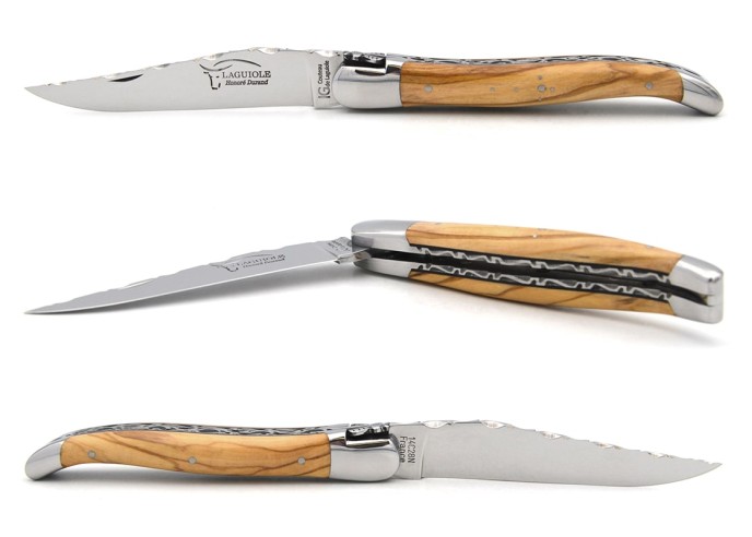 Couteau IG en olivier, doubles platines & dos de lame, abeille n°1