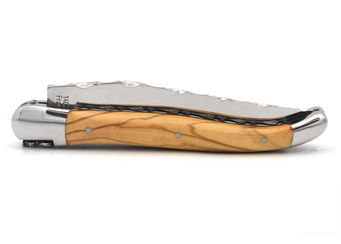 Couteau IG en olivier, doubles platines & dos de lame, abeille n°1