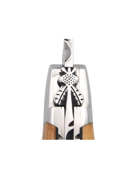 Couteau IG en olivier, doubles platines & dos de lame, abeille n°1