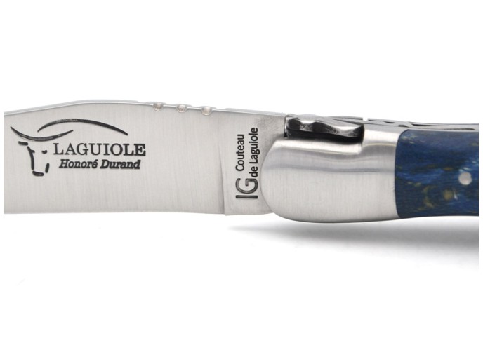Laguiole with GI, 12 cm blue-stained beech handle with corkscrew