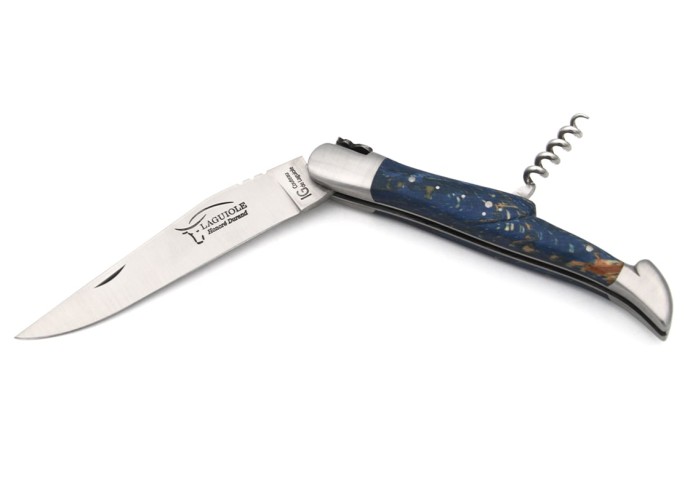 Laguiole with GI, 12 cm blue-stained beech handle with corkscrew