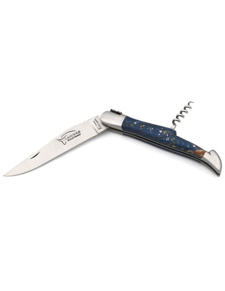 Laguiole GA, 12 cm Griff aus blau gebeiztem Buche mit Korkenzieher