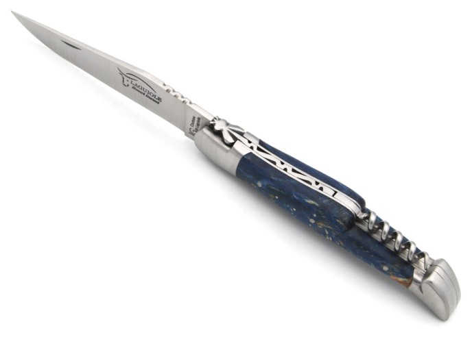 Couteau de Laguiole labellisé IG, hêtre teinté bleu avec tire-bouchon