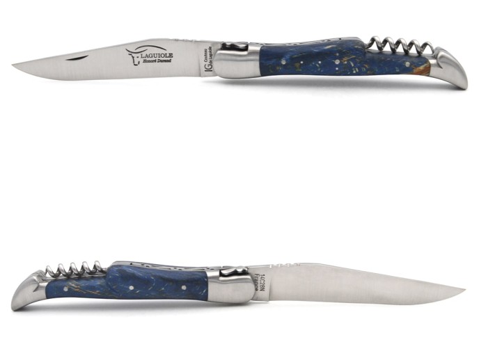 Laguiole GA, 12 cm Griff aus blau gebeiztem Buche mit Korkenzieher
