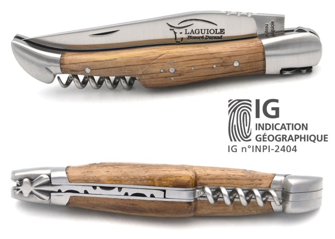 Laguiole-Messer mit GA, 12 cm Griff aus Fasseiche mit Korkenzieher