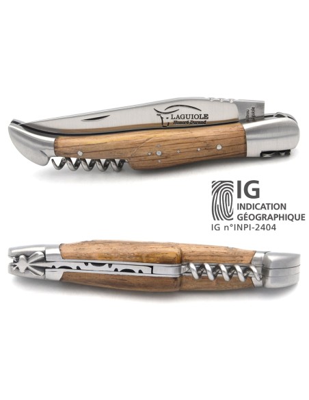 Laguiole knife with GI label, 12 cm barrel oak handle with corkscrew