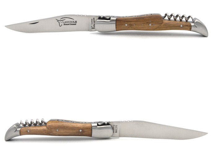 Laguiole knife with GI label, 12 cm barrel oak handle with corkscrew