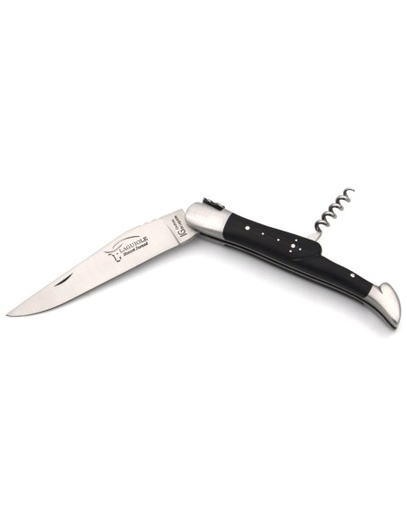 Laguiole knife with GI label, 12 cm ebony wood handle with corkscrew