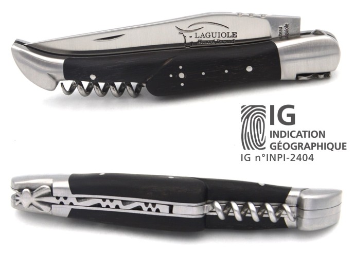 Laguiole knife with GI label, 12 cm ebony wood handle with corkscrew