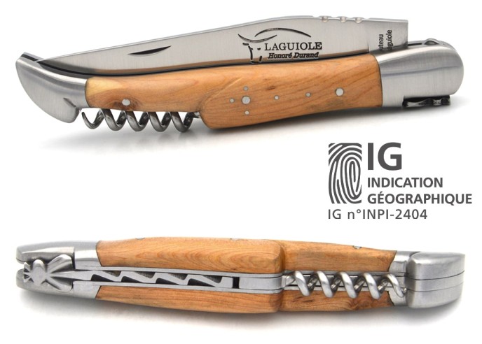 Laguiole-Messer mit GA, 12 cm Griff aus Wacholderholz mit Korkenzieher