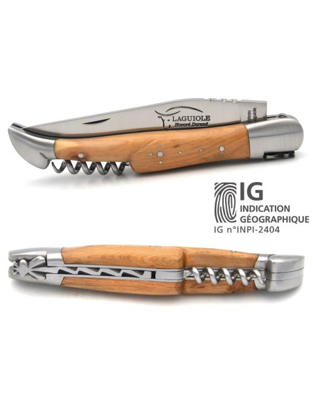 Laguiole knife with GI label, 12 cm juniper wood handle with corkscrew