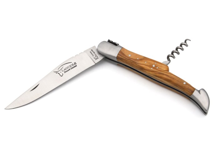 Laguiole-Messer mit GA, 12 cm Griff aus Olivenholz mit Korkenzieher
