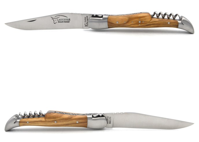 Laguiole knife with GI label, 12 cm olive wood handle with corkscrew