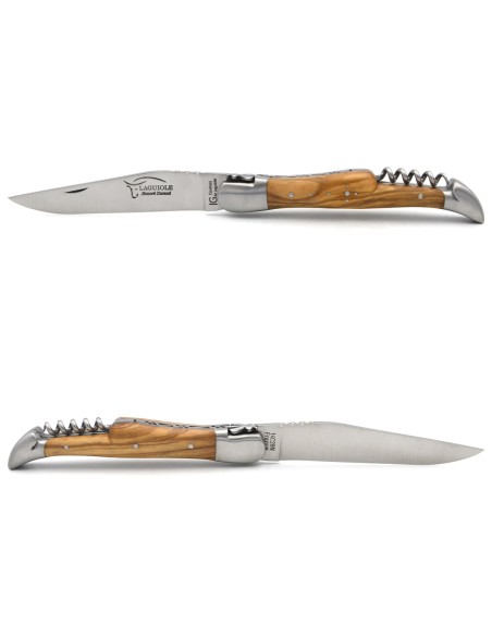 Laguiole-Messer mit GA, 12 cm Griff aus Olivenholz mit Korkenzieher