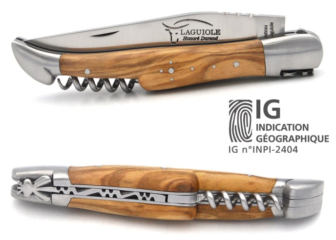 Laguiole knife with GI label, 12 cm olive wood handle with corkscrew