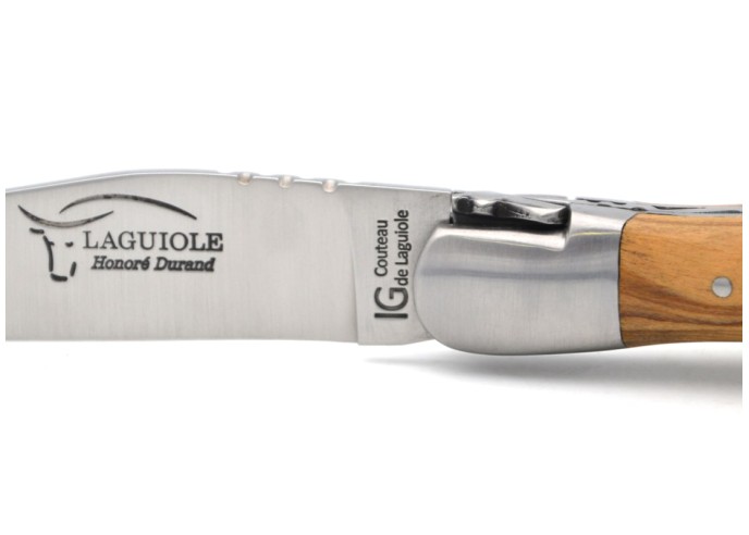 Laguiole knife with GI label, 12 cm olive wood handle with corkscrew