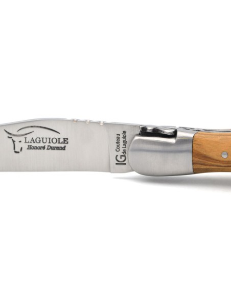 Laguiole knife with GI label, 12 cm olive wood handle with corkscrew