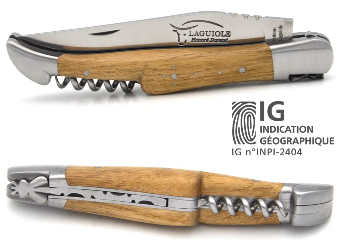Laguiole knife with GI label, 12 cm acacia wood handle with corkscrew