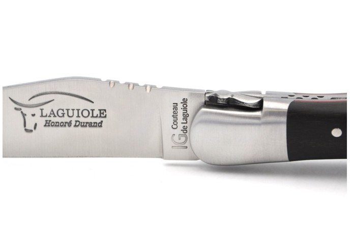 Laguiole knife GI, 12 cm ebony wood & red spacer handle with corkscrew