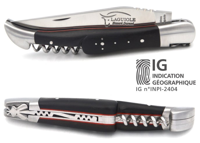 Laguiole knife GI, 12 cm ebony wood & red spacer handle with corkscrew