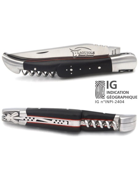 Laguiole knife GI, 12 cm ebony wood & red spacer handle with corkscrew