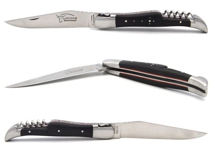 Laguiole knife GI, 12 cm ebony wood & red spacer handle with corkscrew