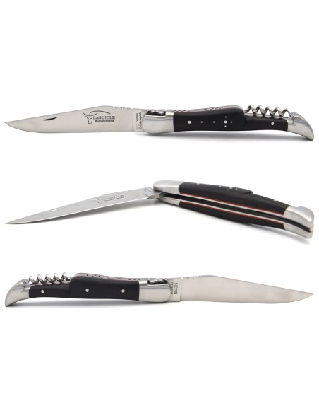 Laguiole knife GI, 12 cm ebony wood & red spacer handle with corkscrew