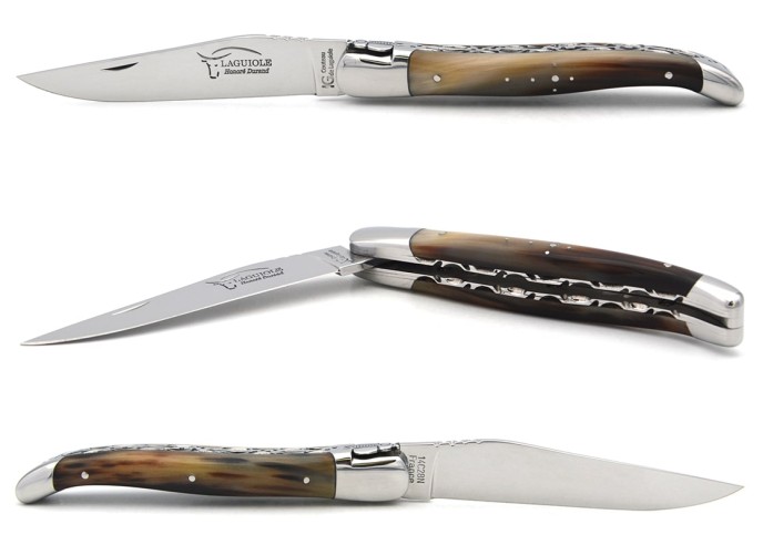 Couteau de Laguiole IG en pointe de corne claire, doubles platines